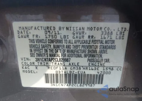 2012 Nissan Versa 1.6 Sv z USA, uszkodzony, nr VIN 3N1CN7AP2CL829987